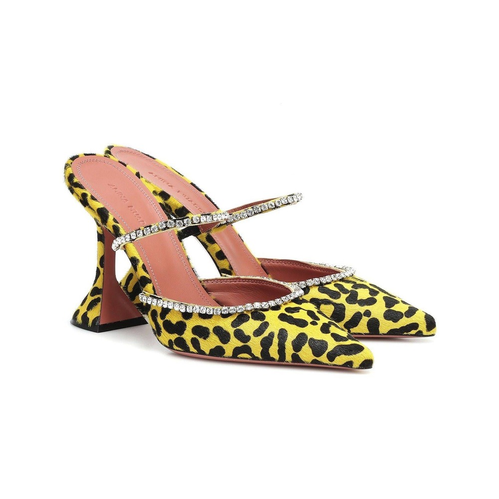 Azalea Wang Mules Women 7 Yellow Leopard Salem Rhinestone Flared Heel Pumps